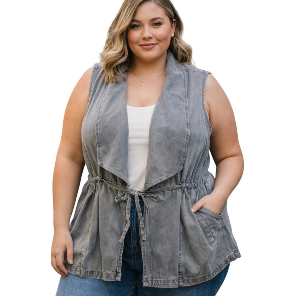 Jane And Delancey Plus 2X Tencel Draped Utility Vest Gray Sleeveless Jacket Boho